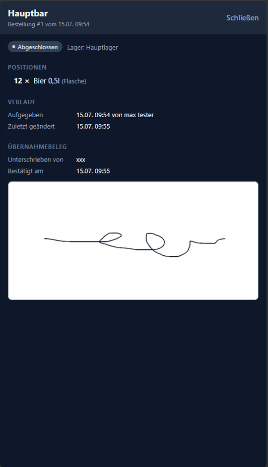 App-Ansicht einer abgeschlossenen Bestellung mit Übernahmebeleg und handschriftlicher Unterschrift