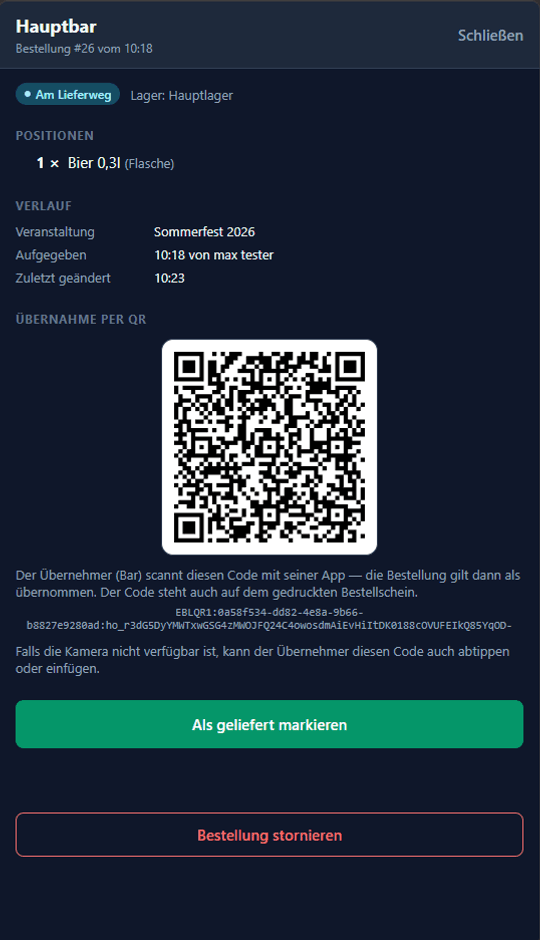 App-Ansicht einer Bestellung mit Übernahme-QR-Code und Verlauf