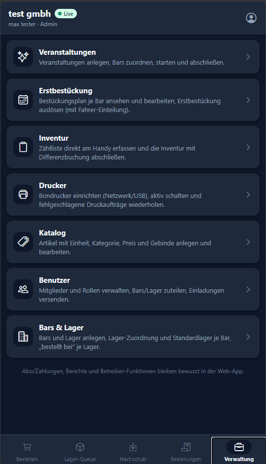 bartransit-App: Verwaltungsbereich mit Veranstaltungen, Erstbestückung, Inventur, Drucker, Katalog, Benutzer sowie Bars & Lager